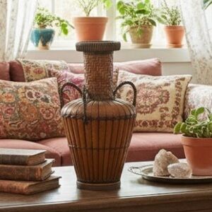 15”Tall Vintage Japanese wicker handmade woven dark brown bohemian urn vase